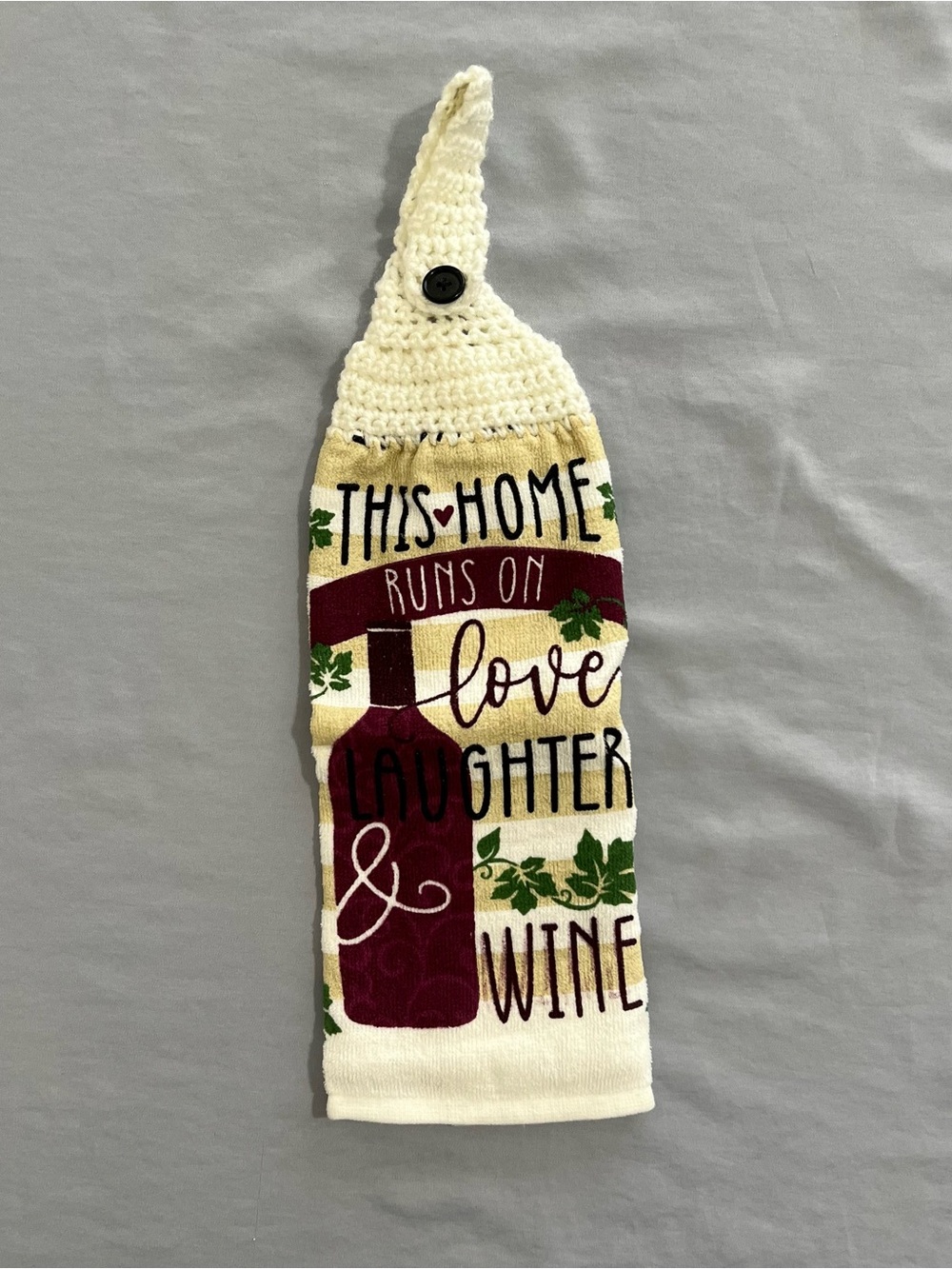 Handmade 'This Home Runs on Love Laughter & Wine' Crochet Hanging Kitchen Towel